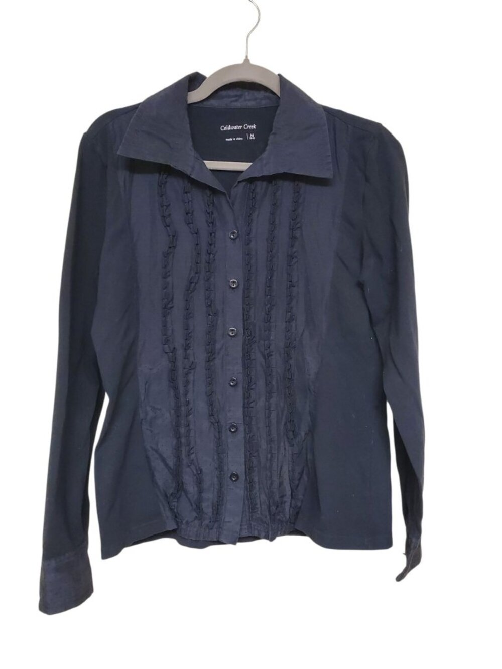 Coldwater‎ Creek Women's Black Pintucked Swiss Dot Button Up Collared Shirt Sz M